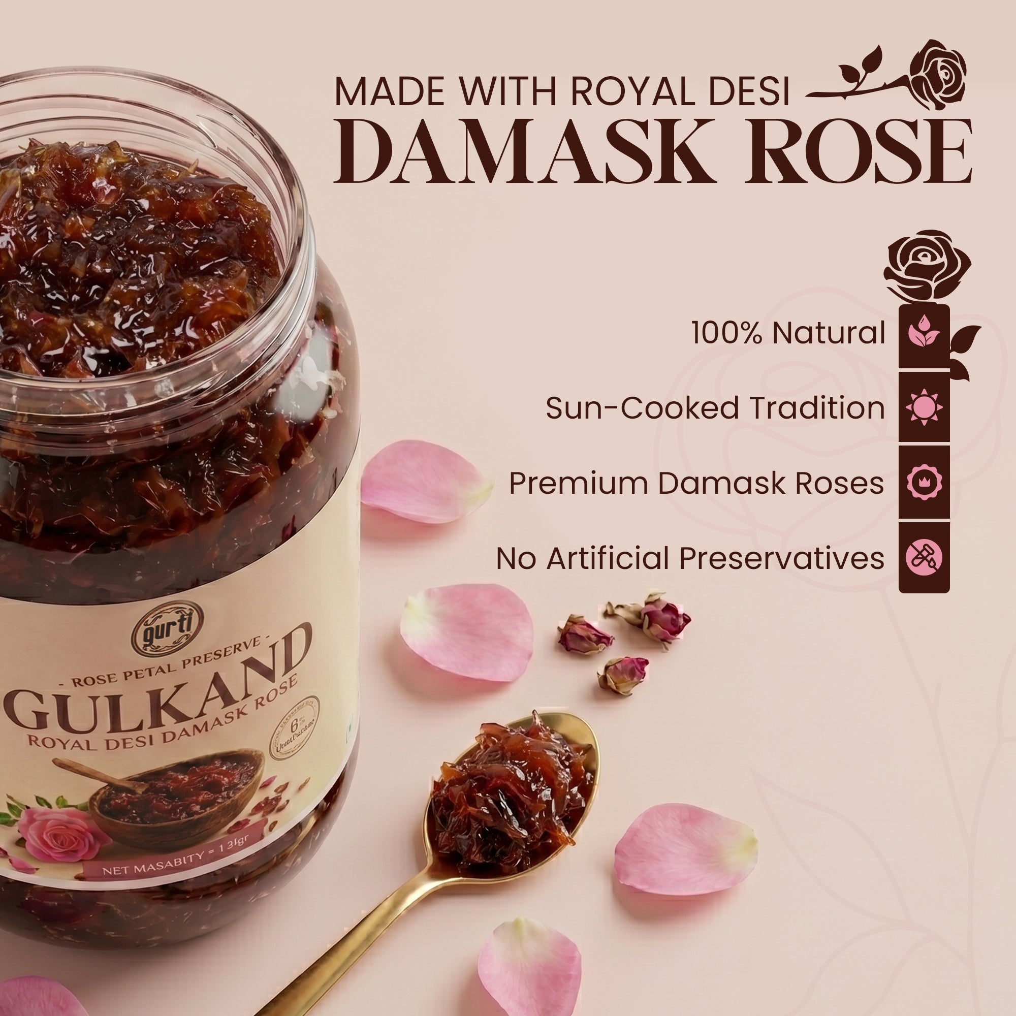 Organic Damask Rose Gulkand (Mishri) 500gm